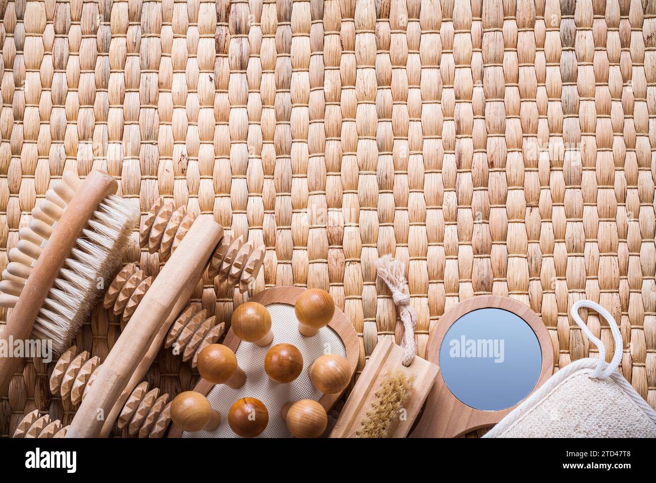 Horizontal view of sauna articles on a wicker mat Health concept Stock Photo