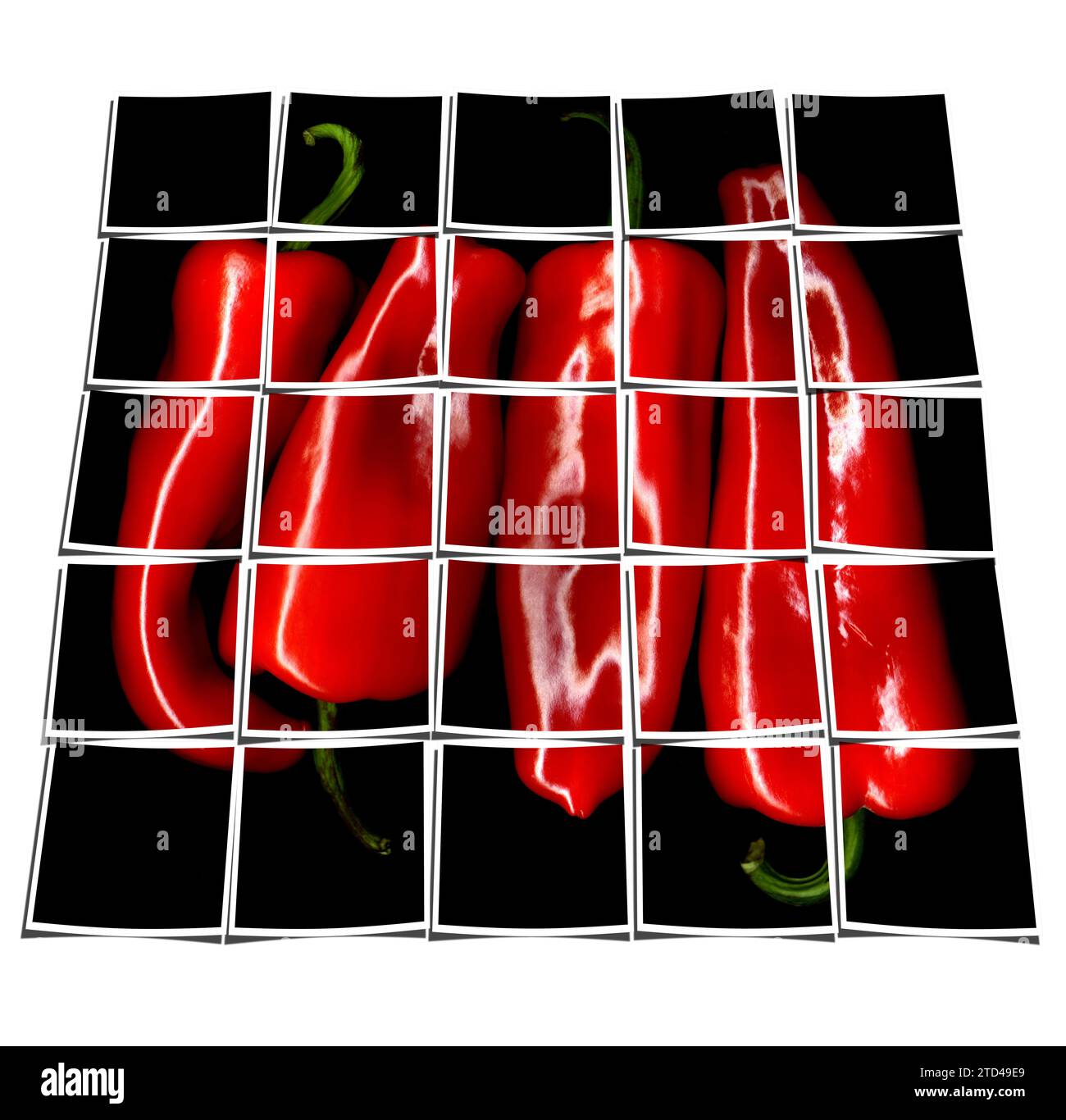 Red paprika or paprica on black background collage composition of