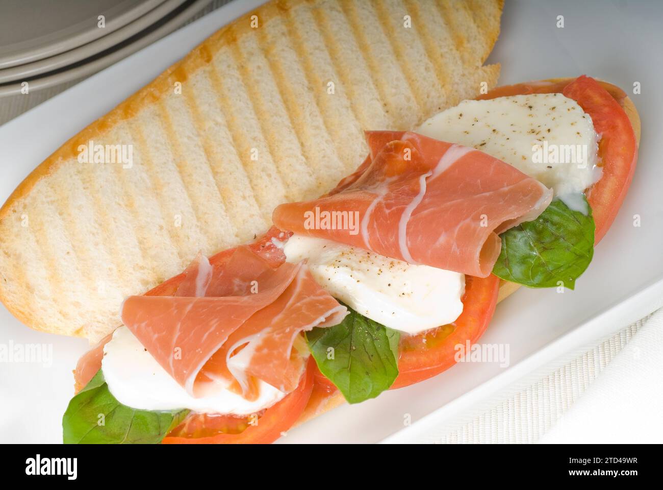 Panini sandwich with fresh caprese and parma ham, food photography Stock Photo