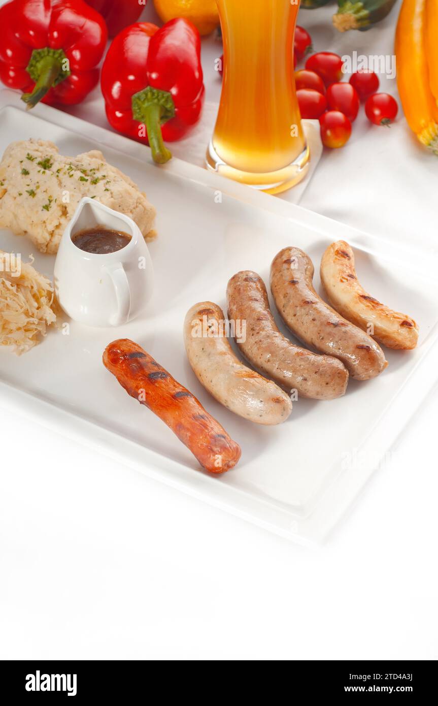 Selection of all main type of german wurstel saussages, frankfurter, wiener, bratwurst, Fraenkische, Coburger, Kulmbacher, Nuernberger, Wuerzburger Stock Photo