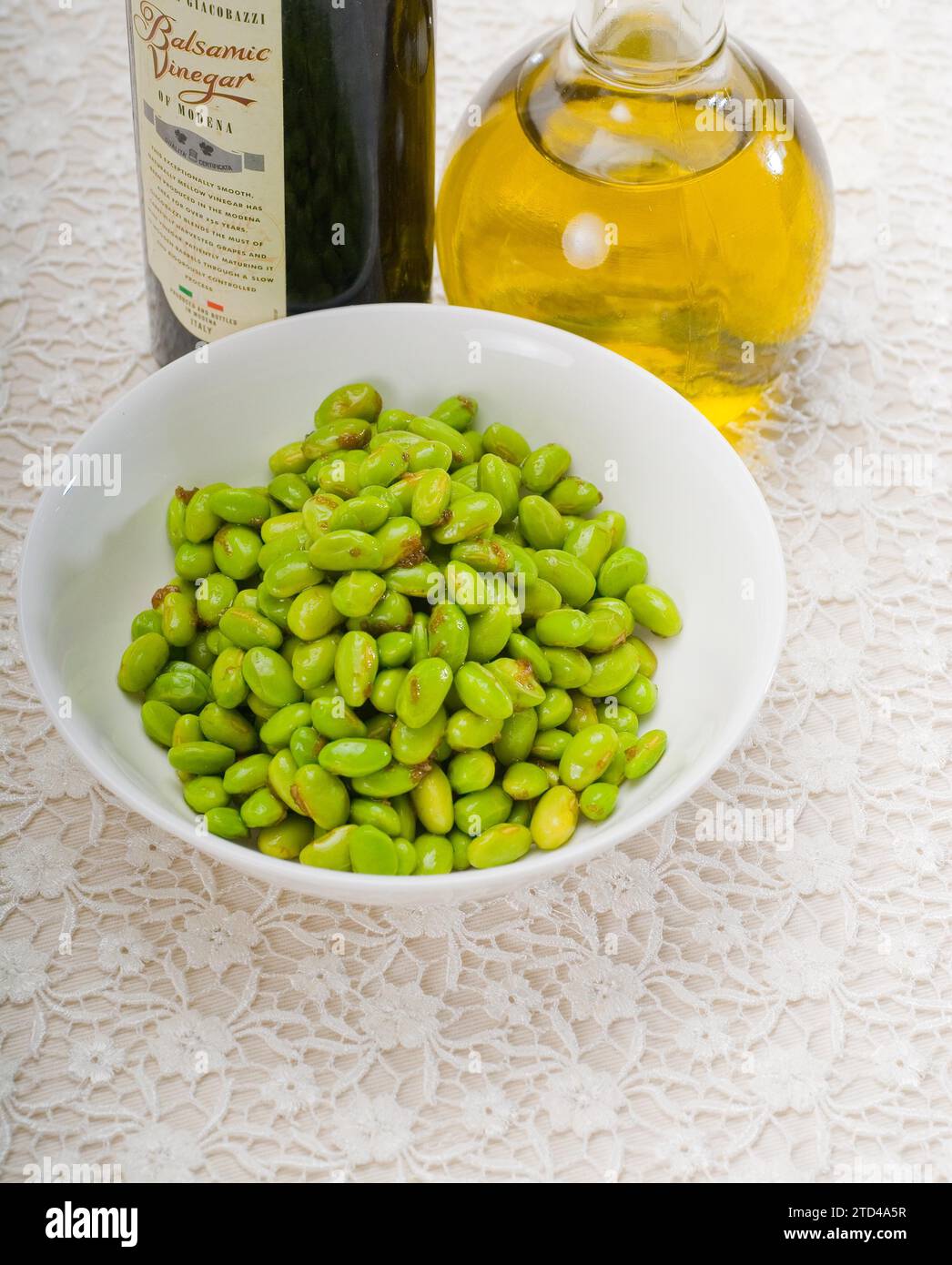 Steamed fresh green beans with extra virgin olive oil and balsamic vinegar, Food photography Stock Photo