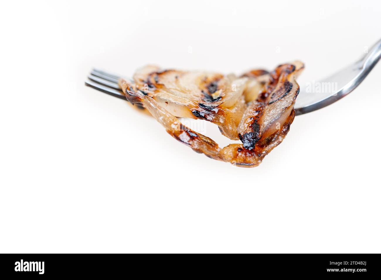 Grilled onion on a fork macro close up, food photography Stock Photo