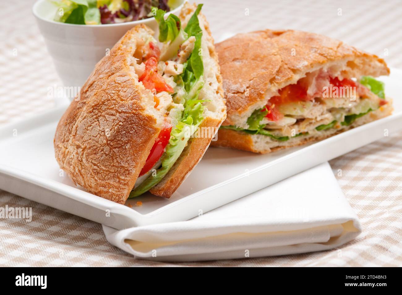 Italian ciabatta panini sandwich with chicken and tomato, food photography Stock Photo