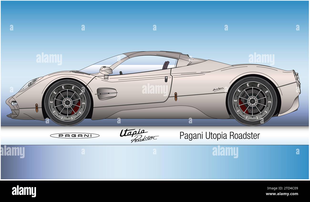 Modena, Italy, year 2023, Pagani Utopia Roadster super car silhouette outlined, coloured illustration Stock Photo