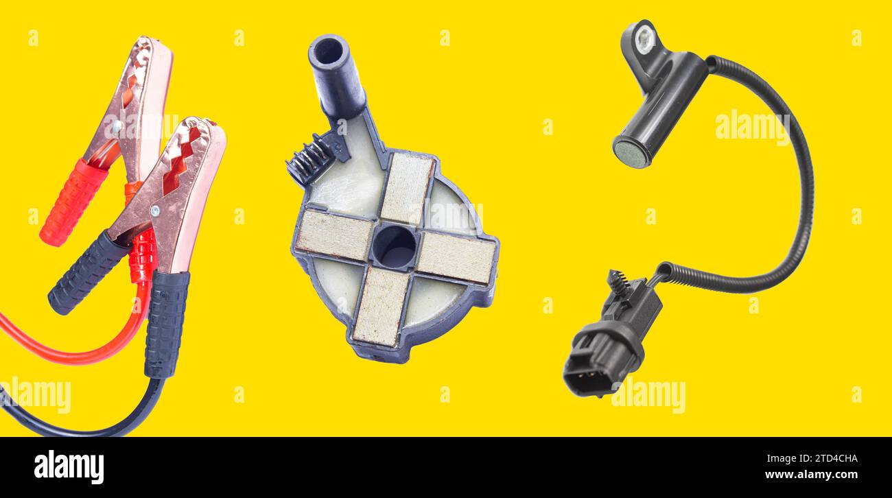Collage of car parts, ignition coils, crankshaft sensor, high voltage