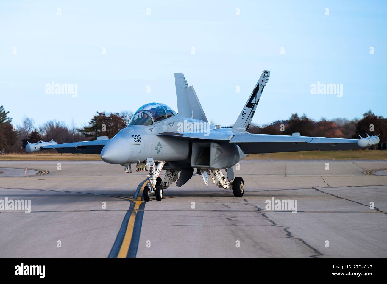 Scott Air Force Base, United States. 13 December, 2023. A Navy E/A-18G Growler fighter aircraft taxis to perform a hot-pit refueling during Agile Combat exercise at Scott Air Force Base, December 13, 2023 near Belleville, Illinois.  Credit: A1C De’Quan Simmons/U.S Air Force Photo/Alamy Live News Stock Photo