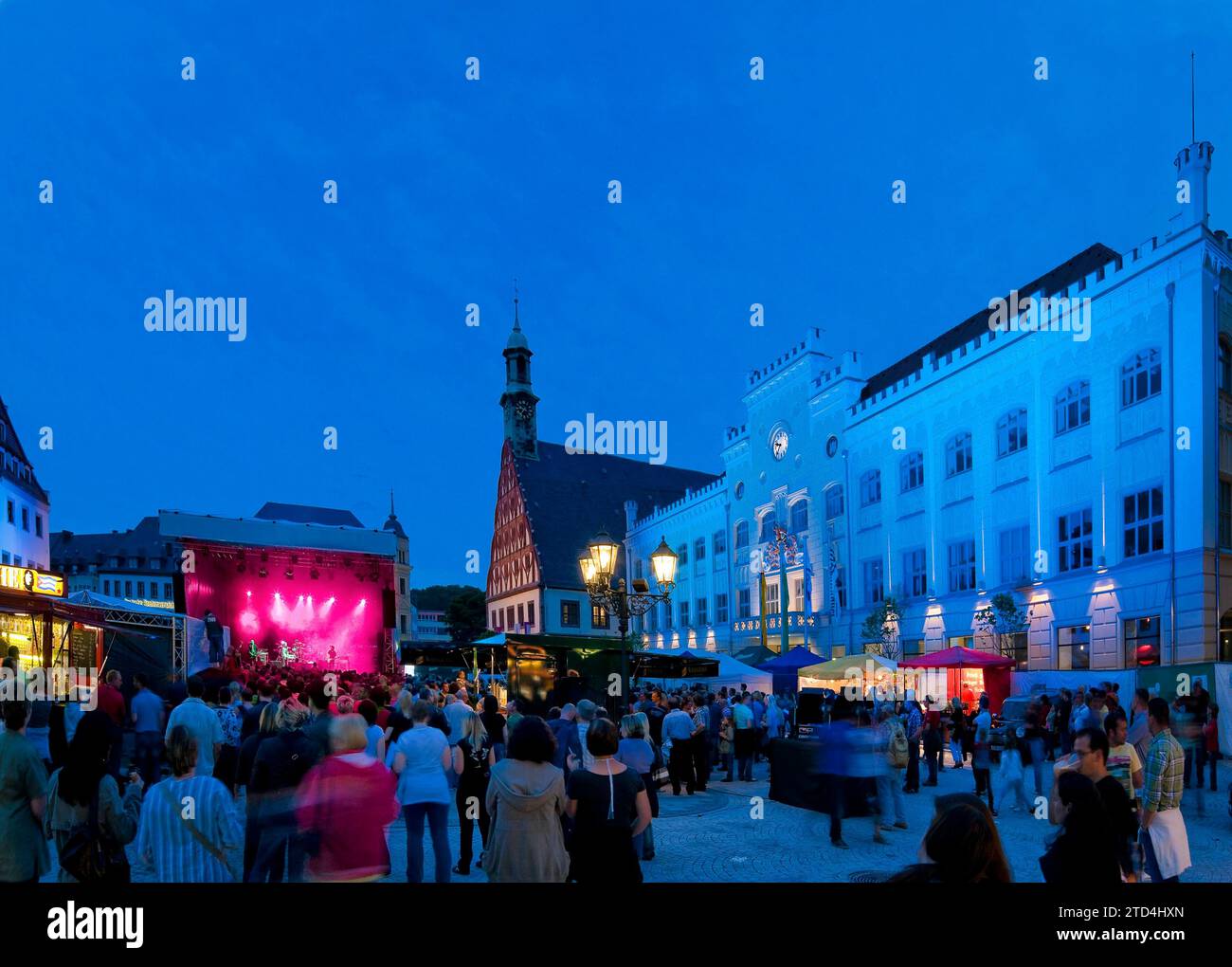 Concert in Zwickau's old town centre. Today, Zwickau is a large district town in the south-west of the Free State of Saxony. The city is known as the Stock Photo