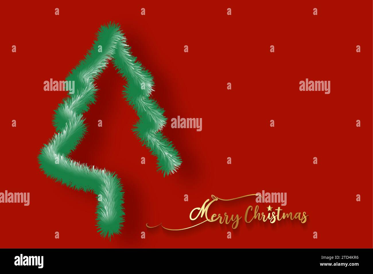Christmas Tree background and  Merry Christmas gold calligraphy. Green Fir tree symbol in fur effect style. Holidays vector red template Stock Vector