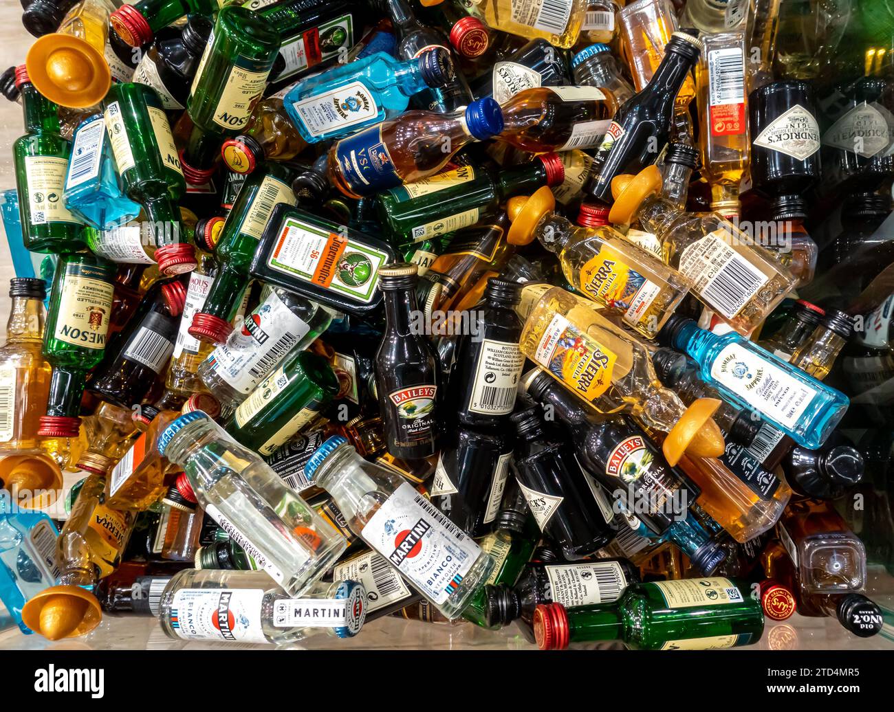 Mini liquor bottles, miniature liquor bottles, Small bottle of assorted alcohol sold in a duty free shop in Tbilis Airport Stock Photo