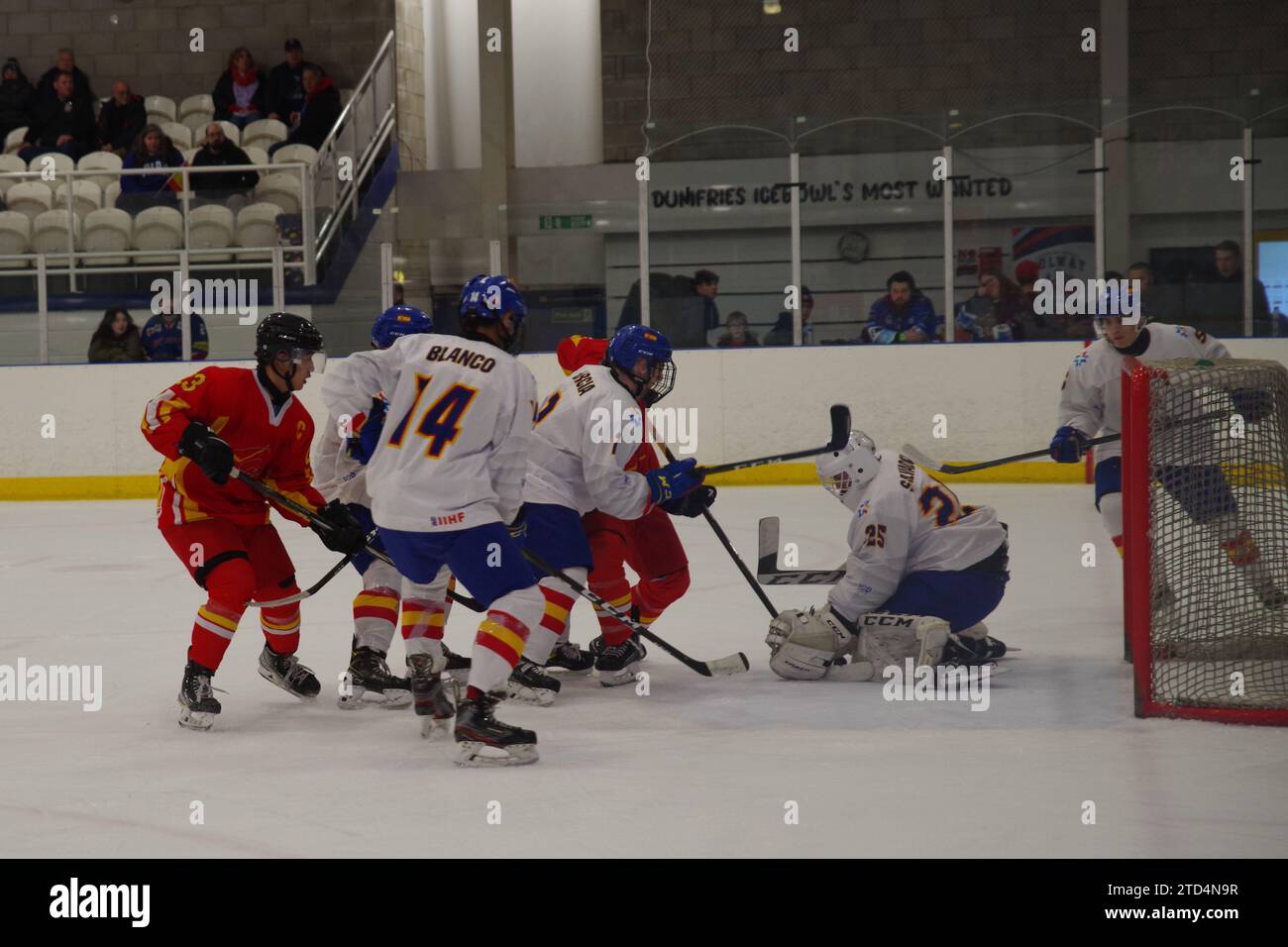 Dumfries, 11 December 2023. Spain defending against China in a 2024 IIHF Ice Hockey U20 World