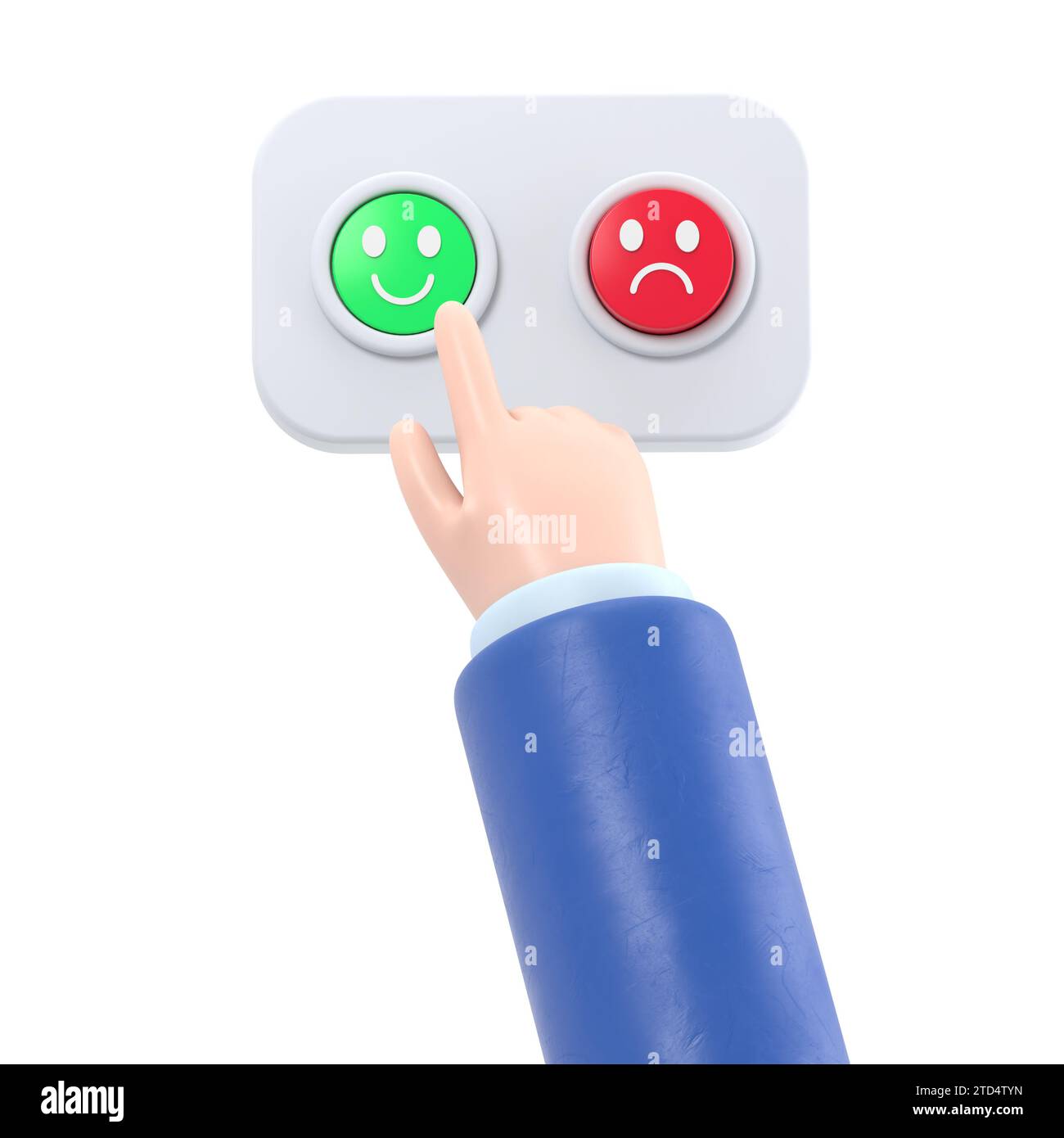 Satisfied customer cartoon hand presses the green button. Business or market clip art. Positive experience emotion.3D rendering on white background. Stock Photo