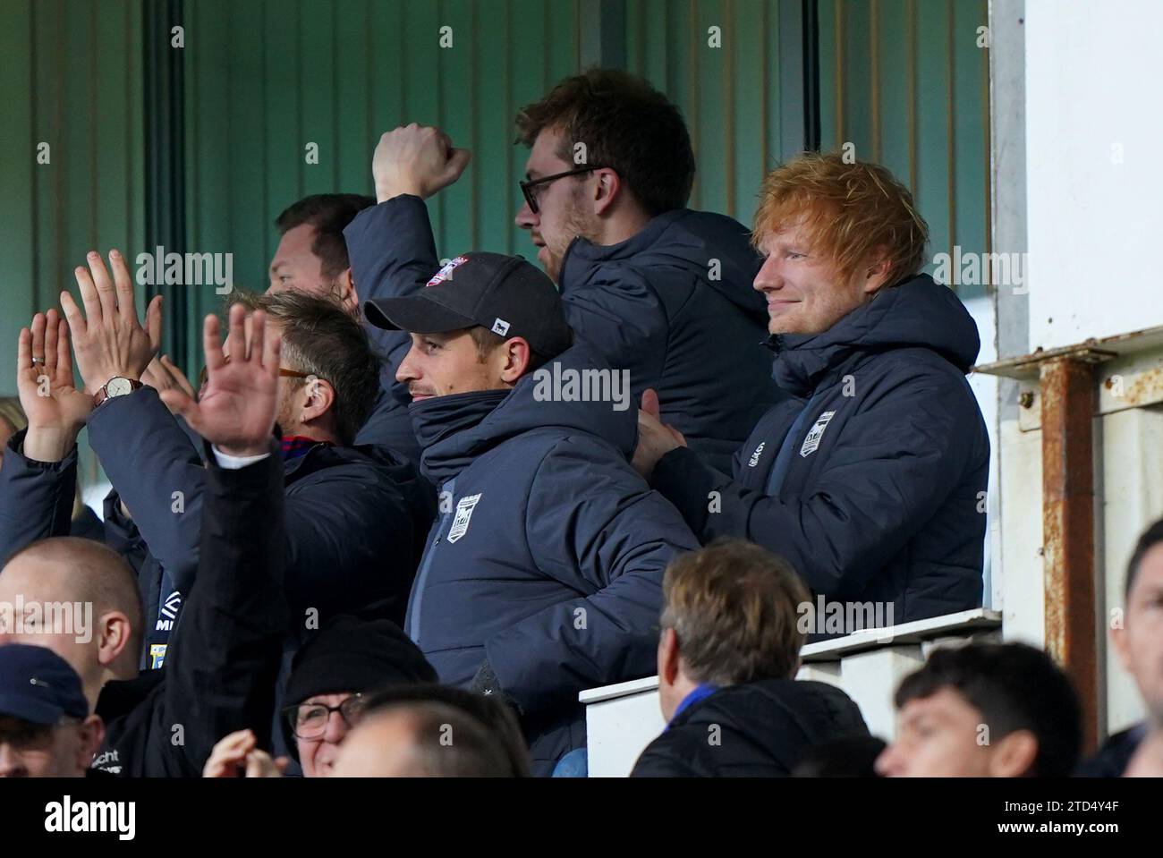Ipswich Town fan Ed Sheeran (right) reacts after their side's second goal during the Sky Bet Championship match at Portman Road, Ipswich. Picture date: Saturday December 16, 2023. Stock Photo