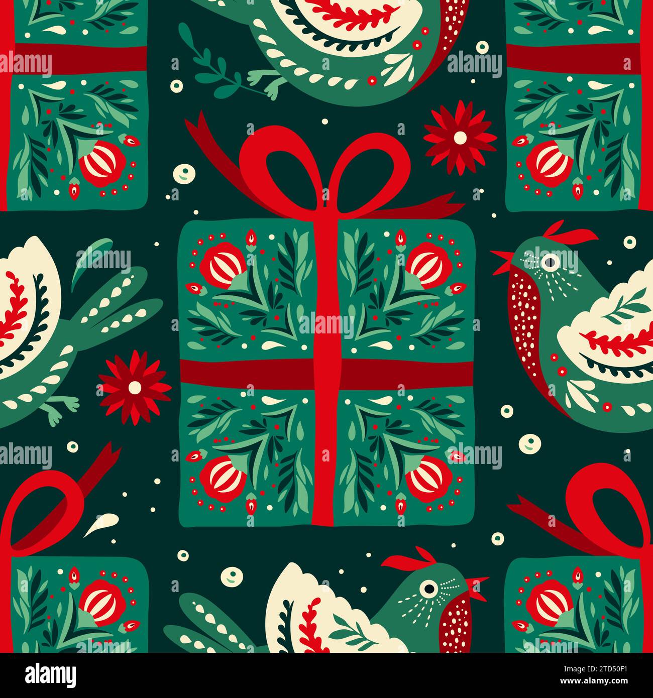 Folk Art Bird and Gift Box Ethnic Holiday Christmas Vector Seamless Pattern Naive Motif Stock Vector