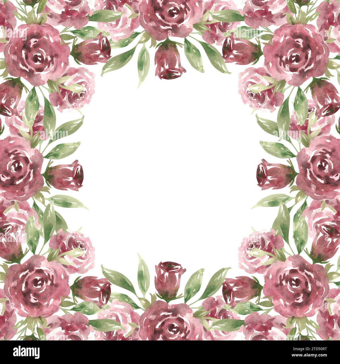 Watercolor floral frame from compositions of roses with green leaves ...