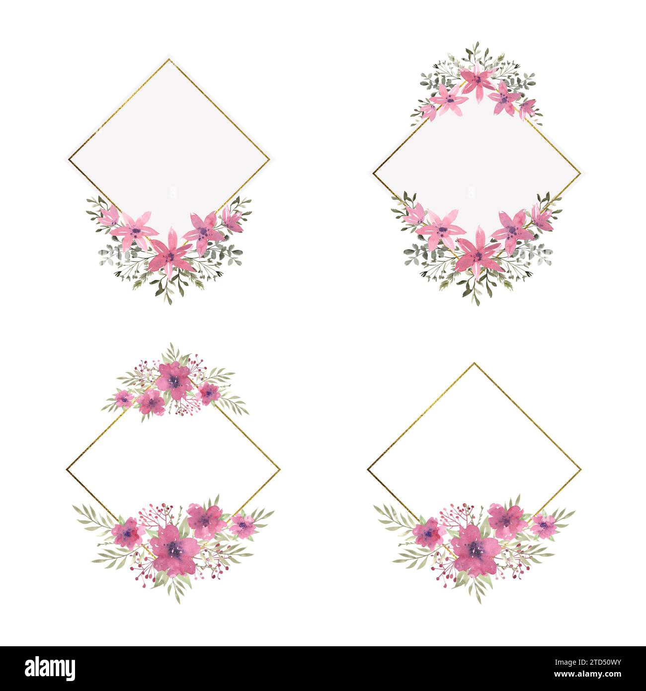 Set of watercolor floral frames with compositions of pink flowers and ...
