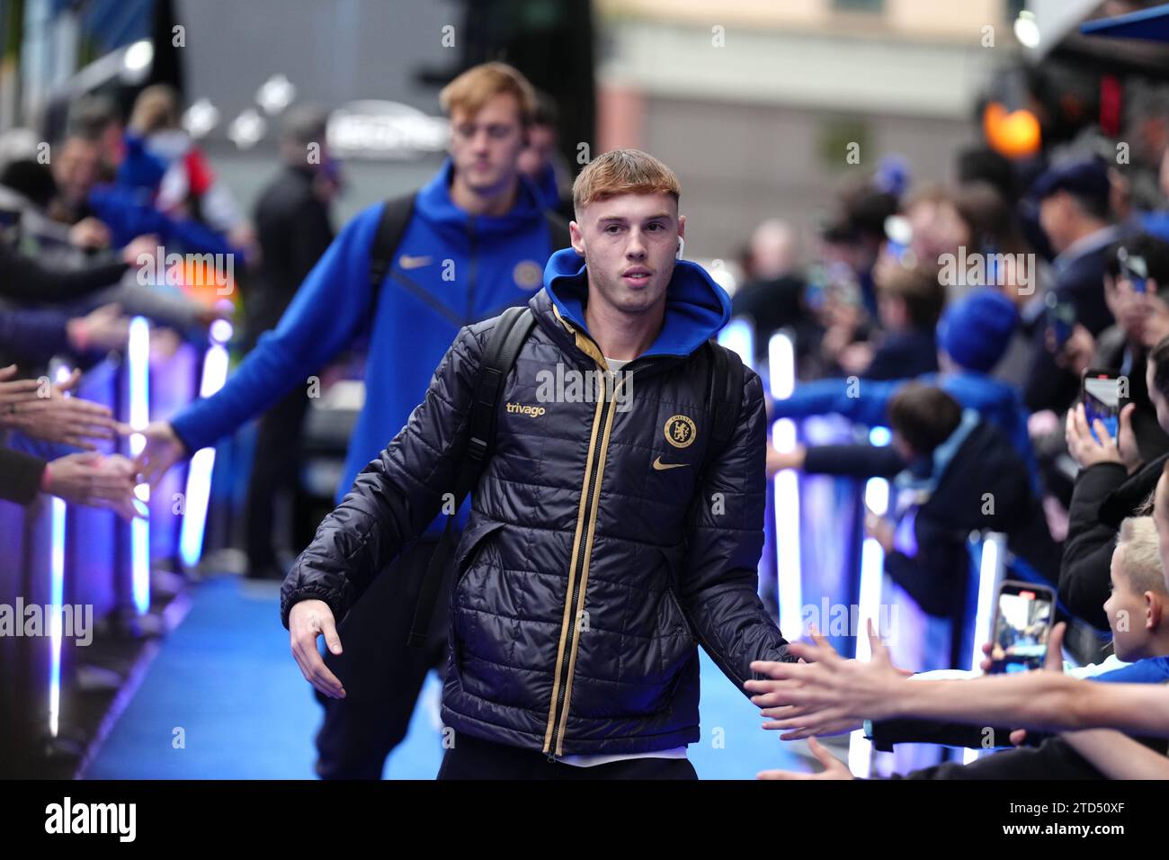 Chelsea's Cole Palmer greets fans prior to the Premier League match at Stamford Bridge, London. Picture date: Saturday December 16, 2023. Stock Photo