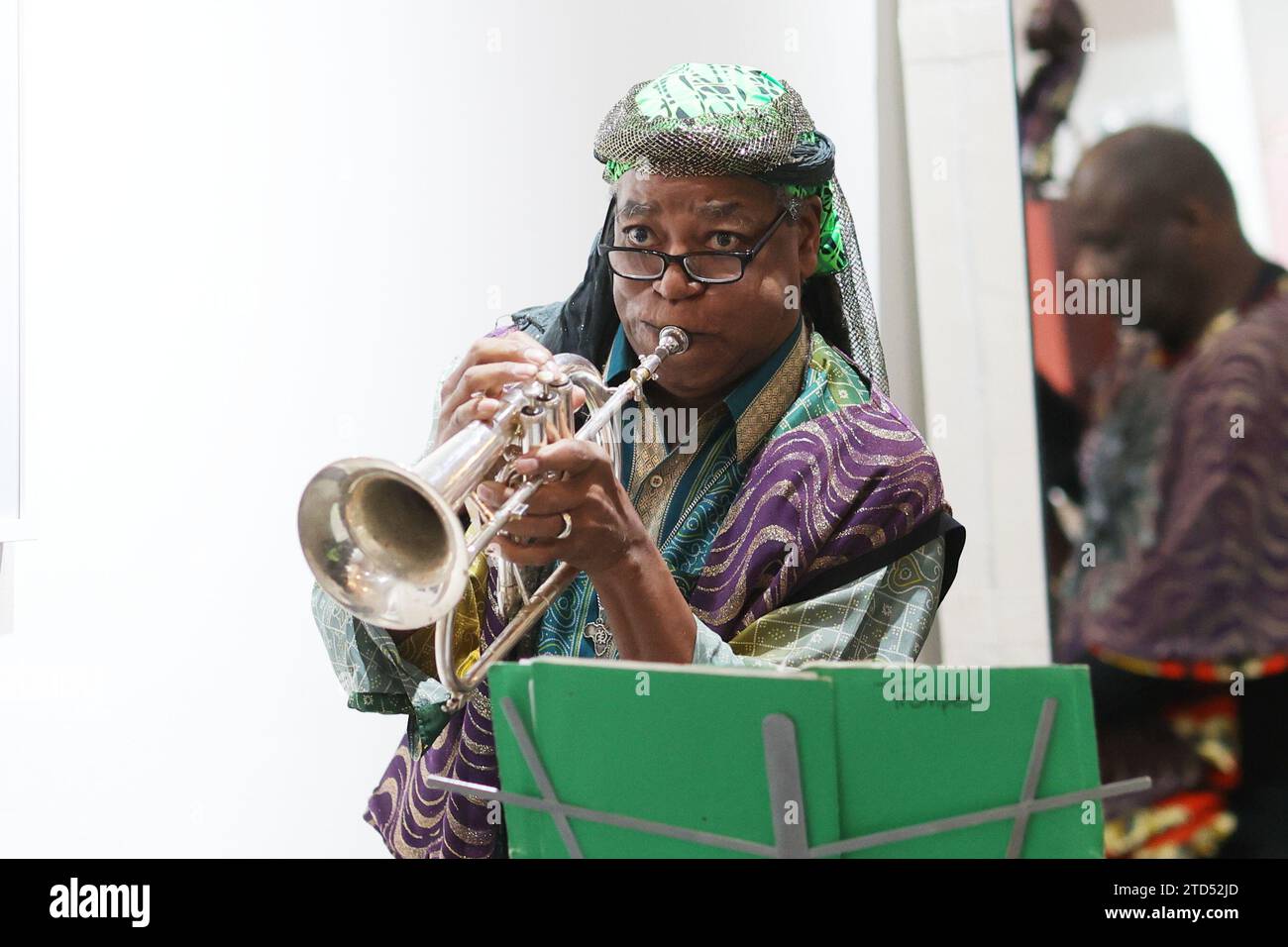 New York, USA. 15th Dec 2023. Ahmed Abdullah preforms during the book celebration for his “A Strange Celestial Road: My Time in the Sun Ra Arkestra”, held at The Brooklyn Circus Soho in New York, NY on December 15, 2023 (Photo by Udo Salters Photography) Credit: Sipa USA/Alamy Live News Stock Photo