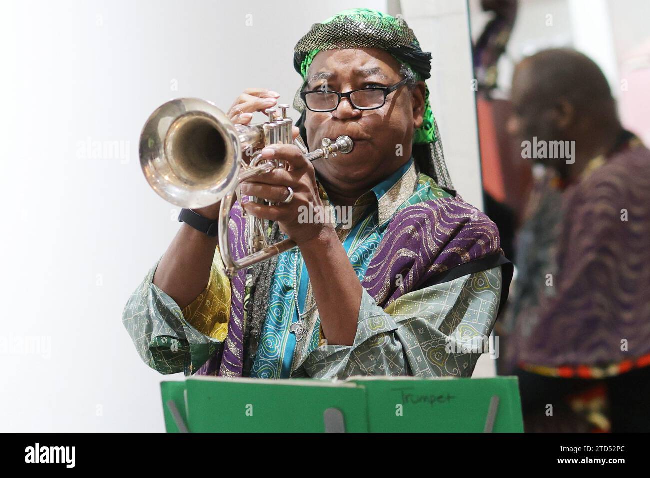 New York, USA. 15th Dec 2023. Ahmed Abdullah preforms during the book celebration for his “A Strange Celestial Road: My Time in the Sun Ra Arkestra”, held at The Brooklyn Circus Soho in New York, NY on December 15, 2023 (Photo by Udo Salters Photography) Credit: Sipa USA/Alamy Live News Stock Photo