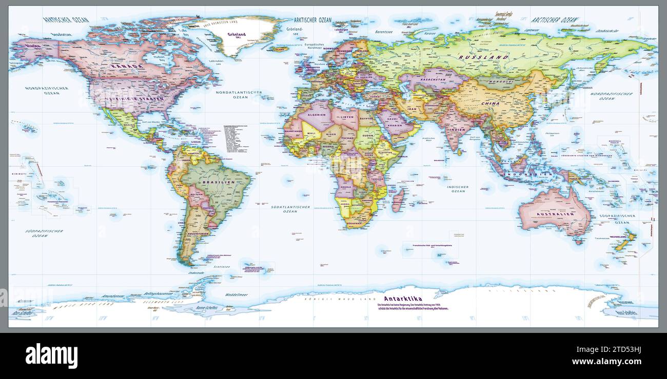 German Language Political World Map Equirectangular Projection Stock German Language Political World Map Equirectangular Projection 2TD53HJ
