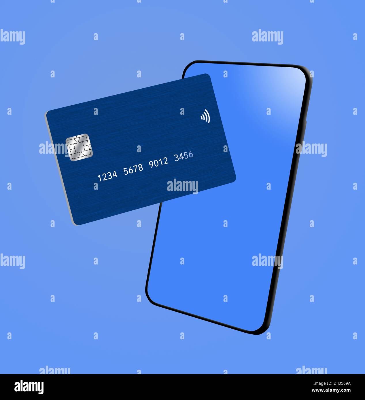 A generic  blue credit card is seen with a modern sleek mobile phone with a blue screen and all on a blue background in a 3-d illustration. Stock Photo