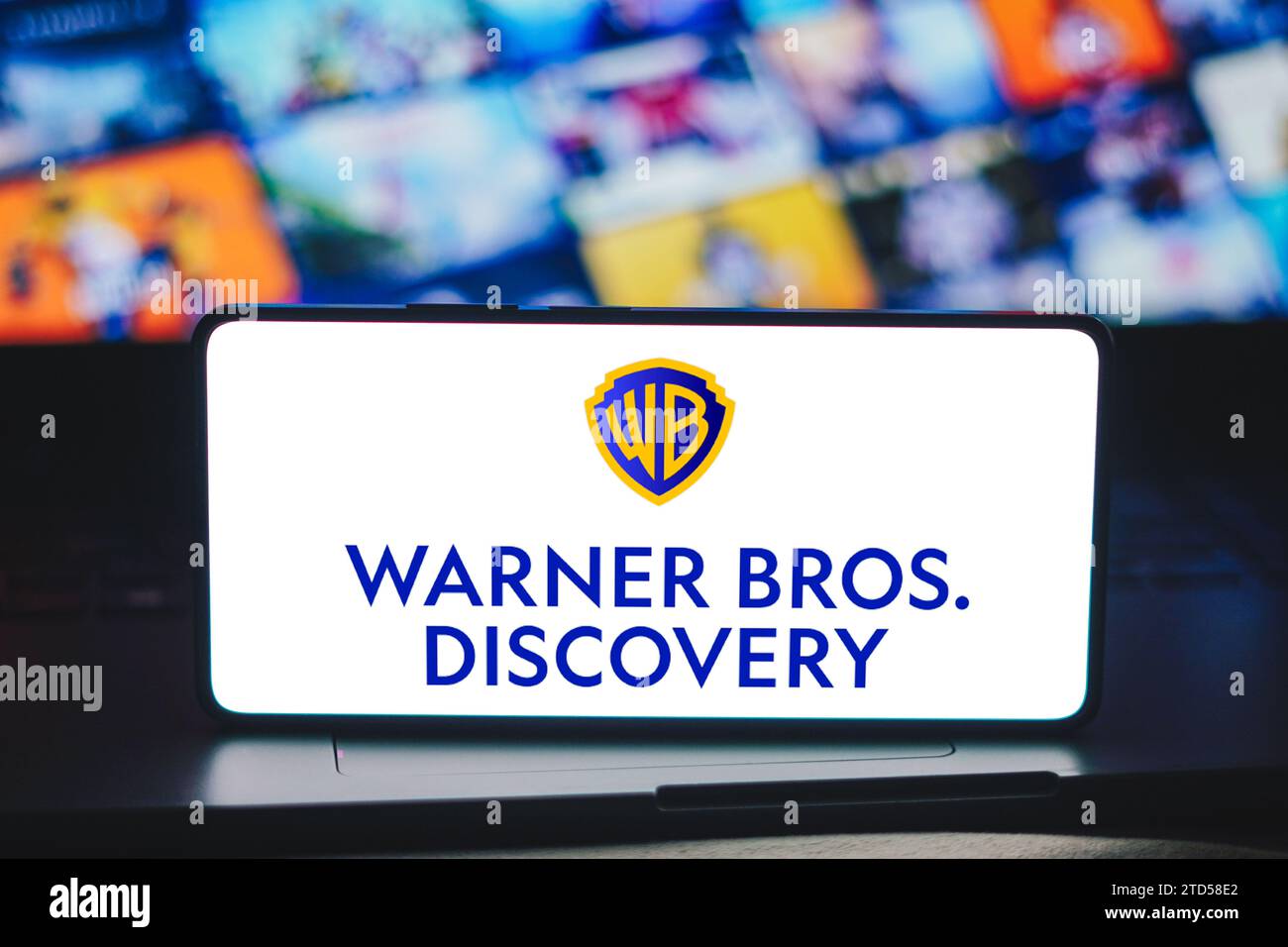 In this photo illustration, the Warner Bros. Discovery logo is displayed on a smartphone screen. (Photo by Rafael Henrique / SOPA Images/Sipa USA) *** Strictly for editorial news purposes only *** Stock Photo