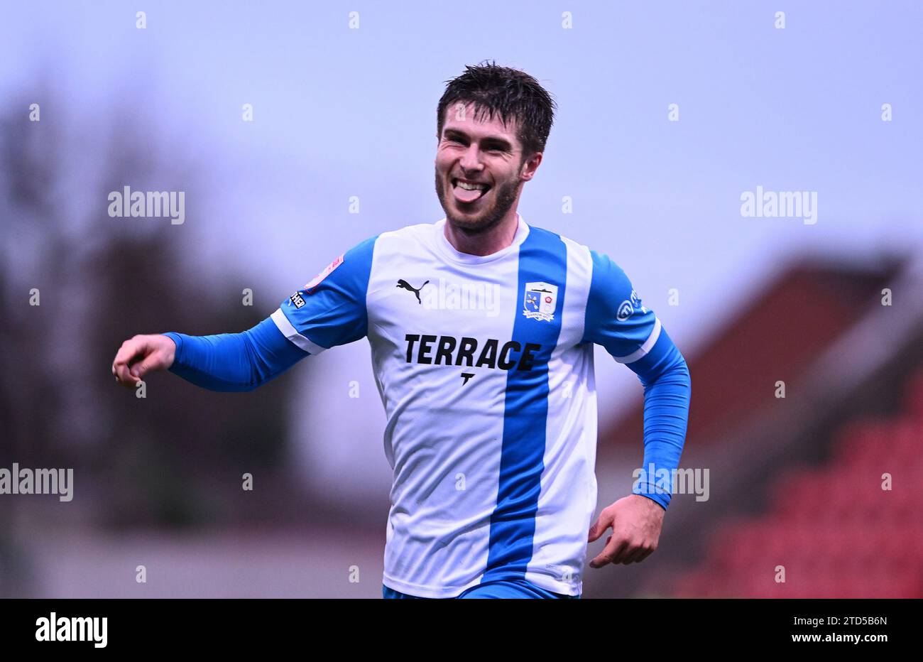 during the Sky Bet League 2 match between Swindon Town and Barrow at the County Ground, Swindon on Saturday 16th December 2023. (Photo: Howard Roe | MI News) Barrow's Kian Spence celebrates his goal Stock Photo