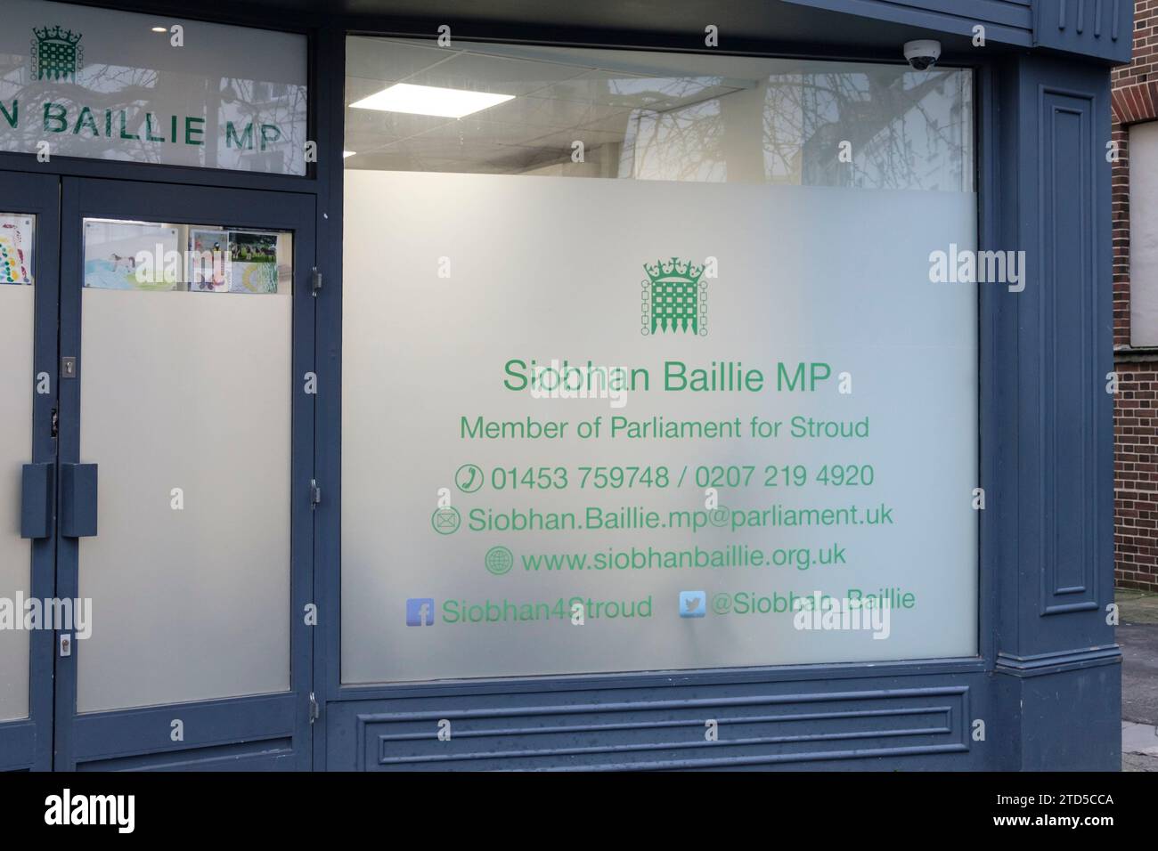 Around the Cotswolds town of Stroud on a December day. Siobahn Baillie Conservative MP Office window Stock Photo