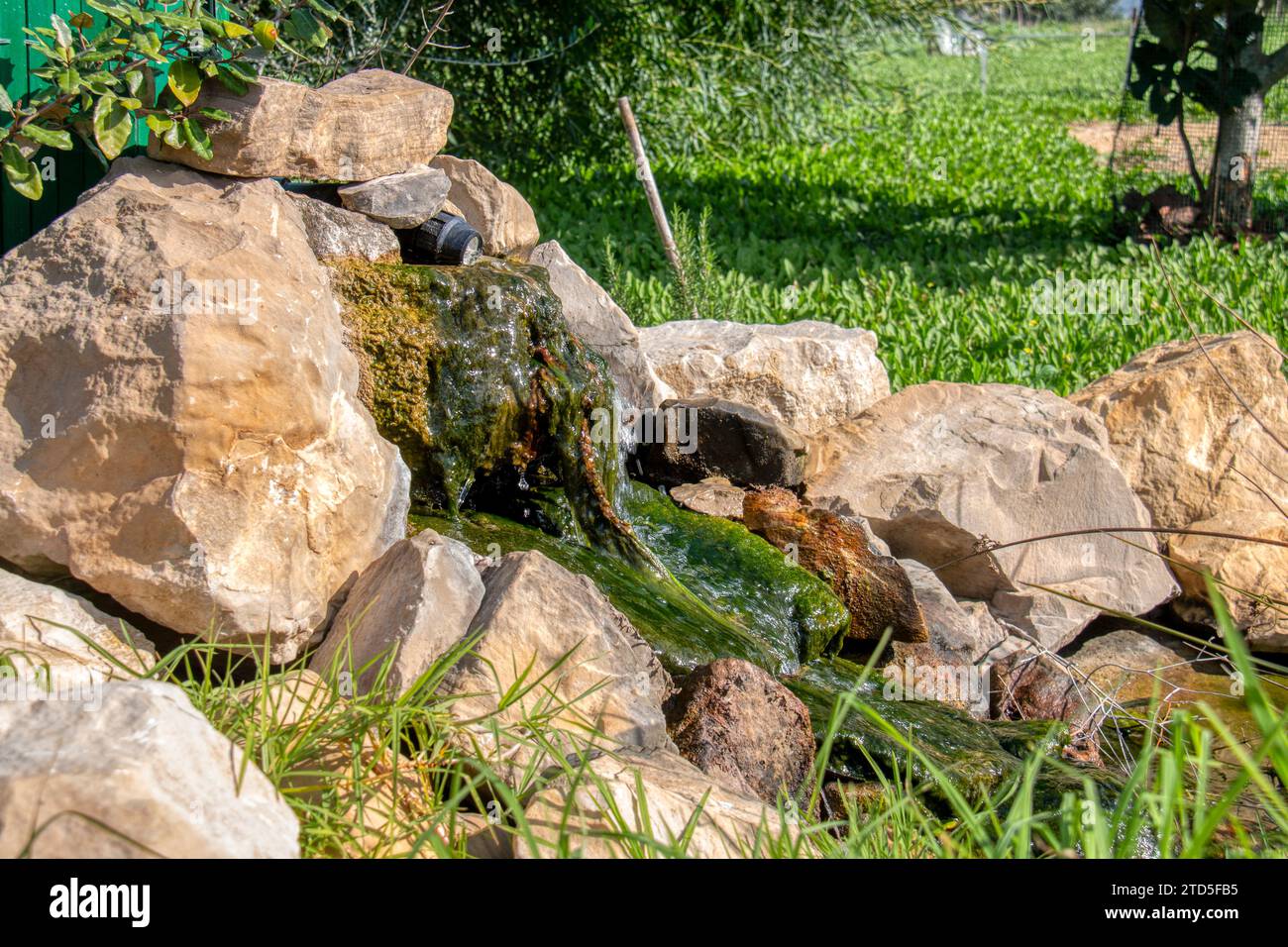 Fountain with rocks with verdigris from which the water flows decorating a garden. Stock Photo