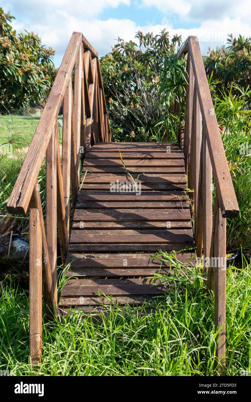Small wooden bridge over a pond decorating a garden Stock Photo