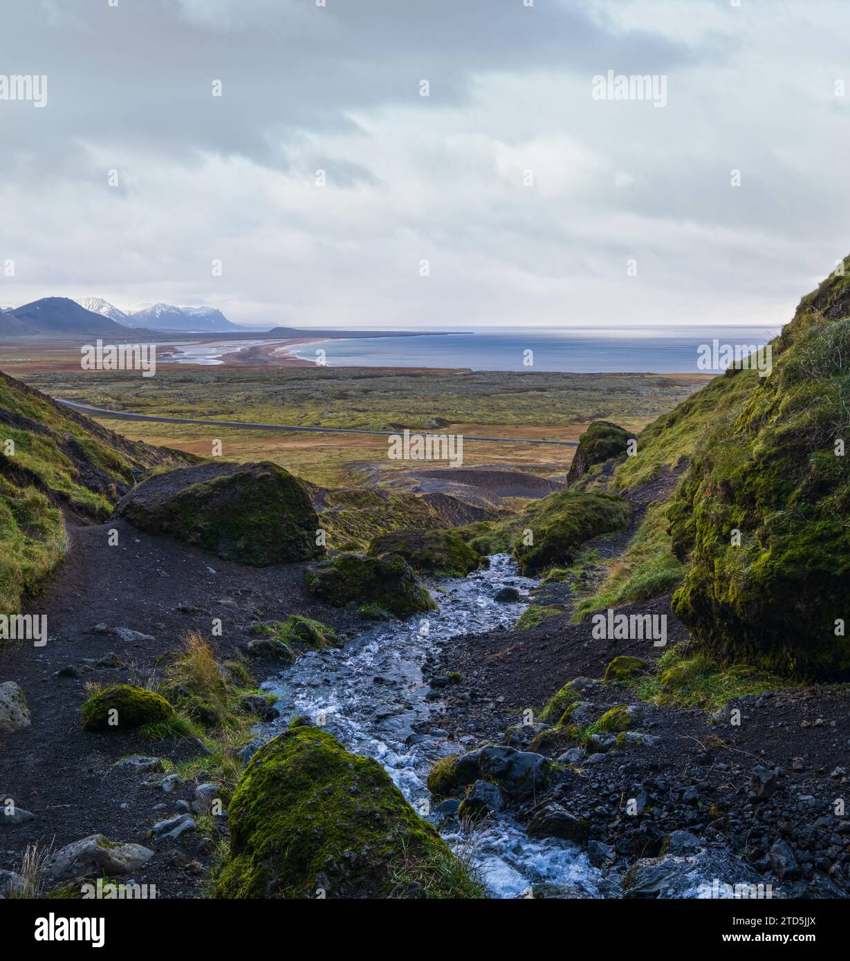 View during auto trip in West Iceland highlands, Snaefellsnes peninsula, Snaefellsjokull National Park. Spectacular volcanic tundra view from Raudfeld Stock Photo