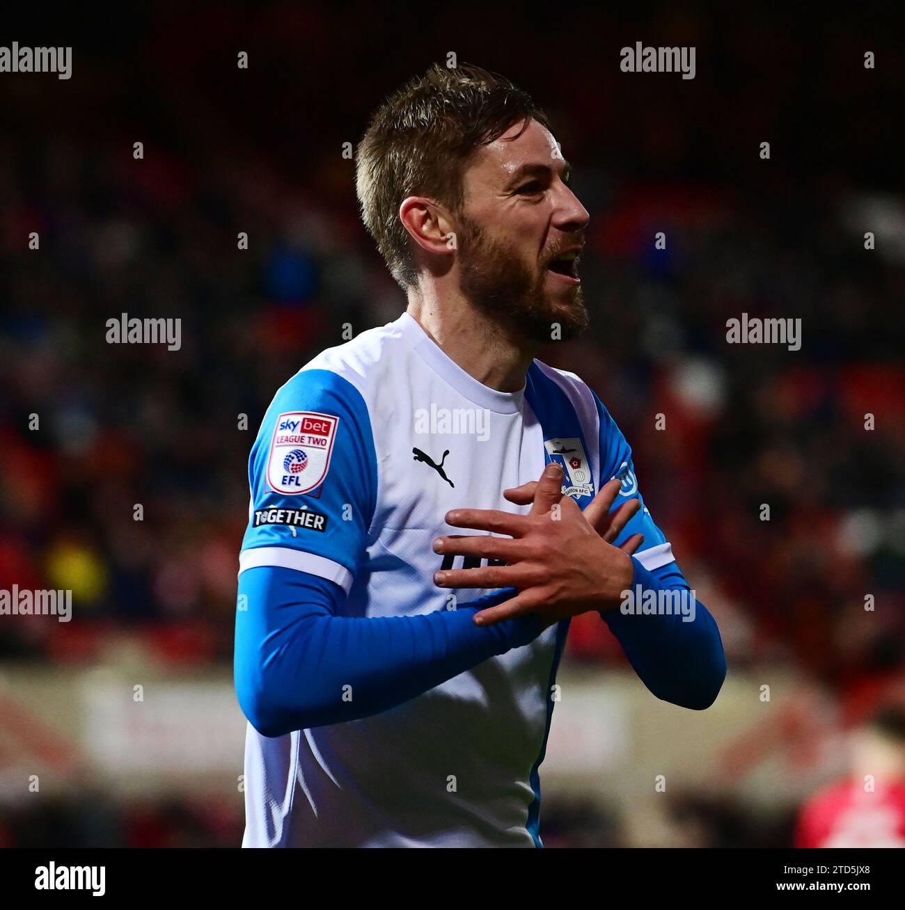 during the Sky Bet League 2 match between Swindon Town and Barrow at the County Ground, Swindon on Saturday 16th December 2023. (Photo: Howard Roe | MI News) Barrow's Sam Foley celebrates his goal Stock Photo