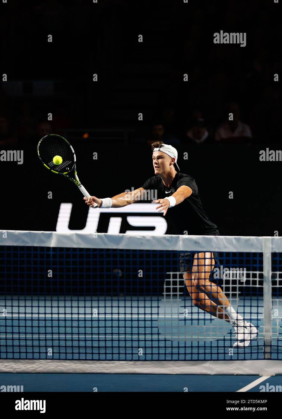 16th December 2023; ExCel Centre, Newham, London, England; Ultimate Tennis Showdown Grand Final Day 2; Holger Rune (The Viking) plays a forehand against Alexander Bublik (The Bublik Enemy) Stock Photo