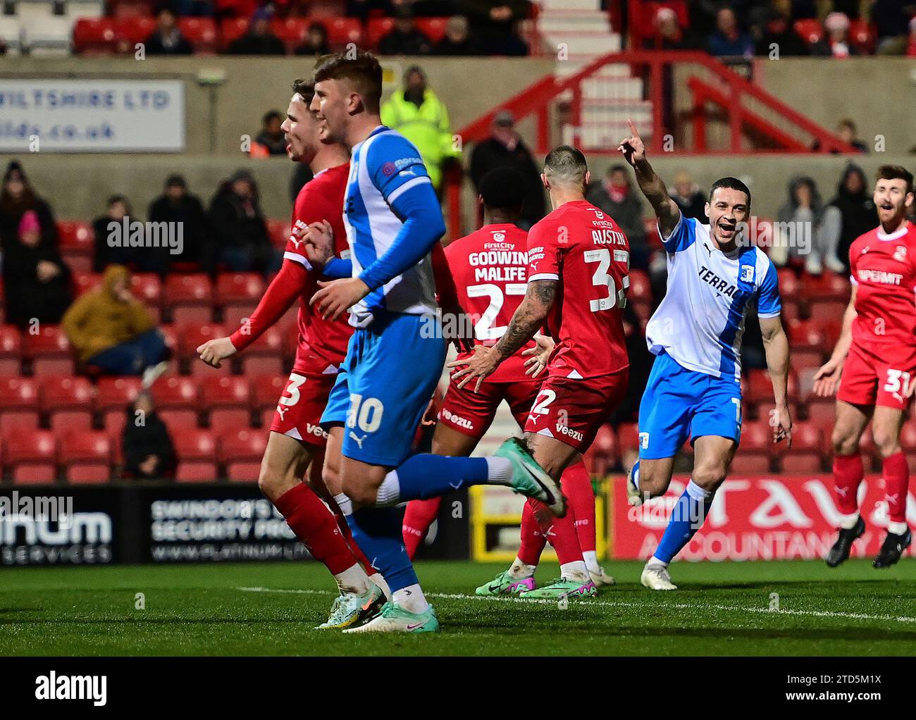during the Sky Bet League 2 match between Swindon Town and Barrow at the County Ground, Swindon on Saturday 16th December 2023. (Photo: Howard Roe | MI News) Barrow's James Chester celebrates his goal Stock Photo