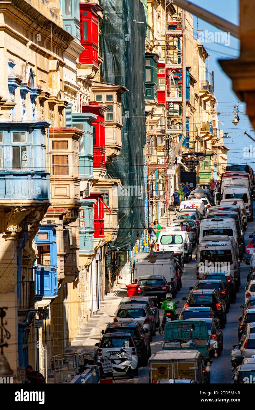 Traffic jams in the crowded, steep streets of Valletta Stock Photo