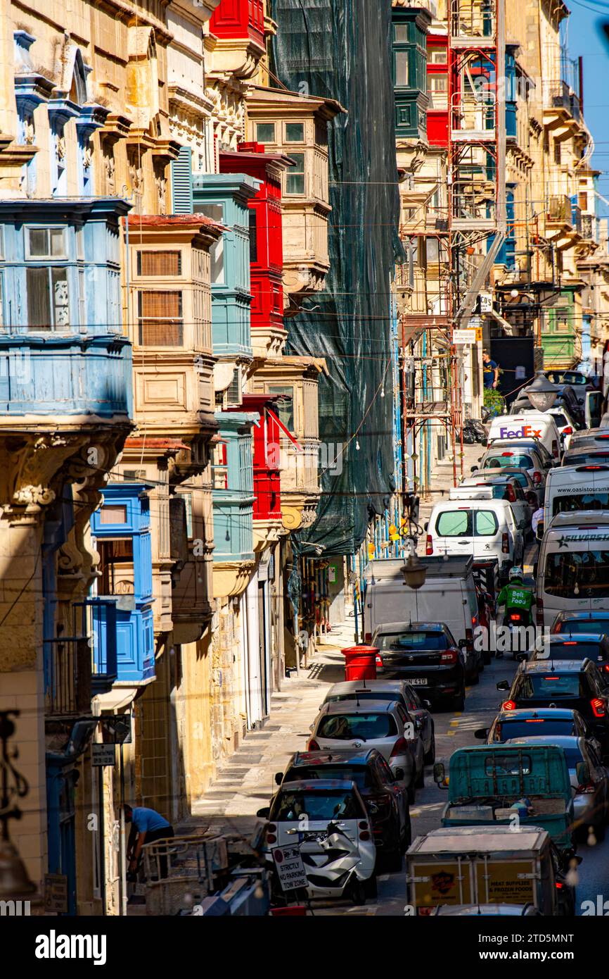 Traffic jams in the crowded, steep streets of Valletta Stock Photo