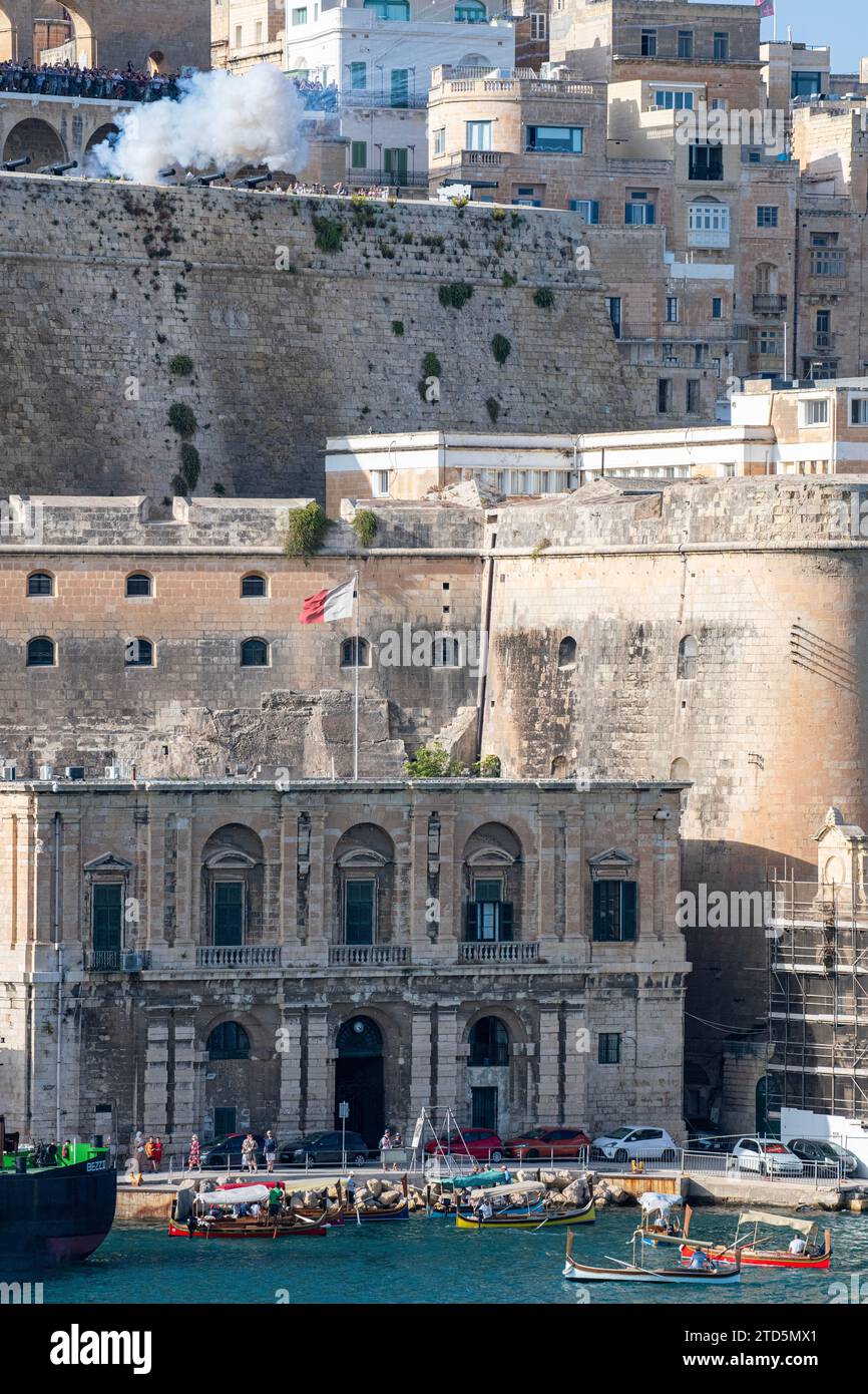 A cannon is fired from Valletta in Malta - the daily saluting battery Stock Photo