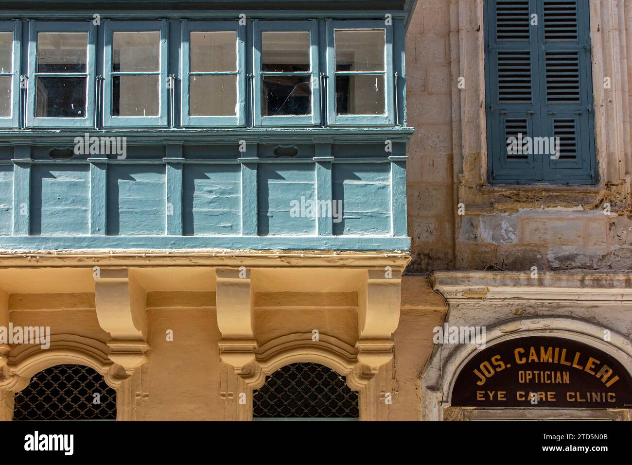 Historic facia of old Jos Camilleri Optician in the capital, Valletta. Stock Photo