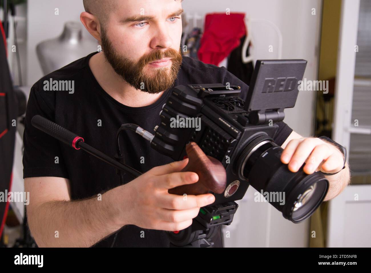 UFA, RUSSIA - 29 FEBRUARY 2020: cameraman works with Red digital cinema cameras. RED is the leading manufacturer of professional digital cinema Stock Photo