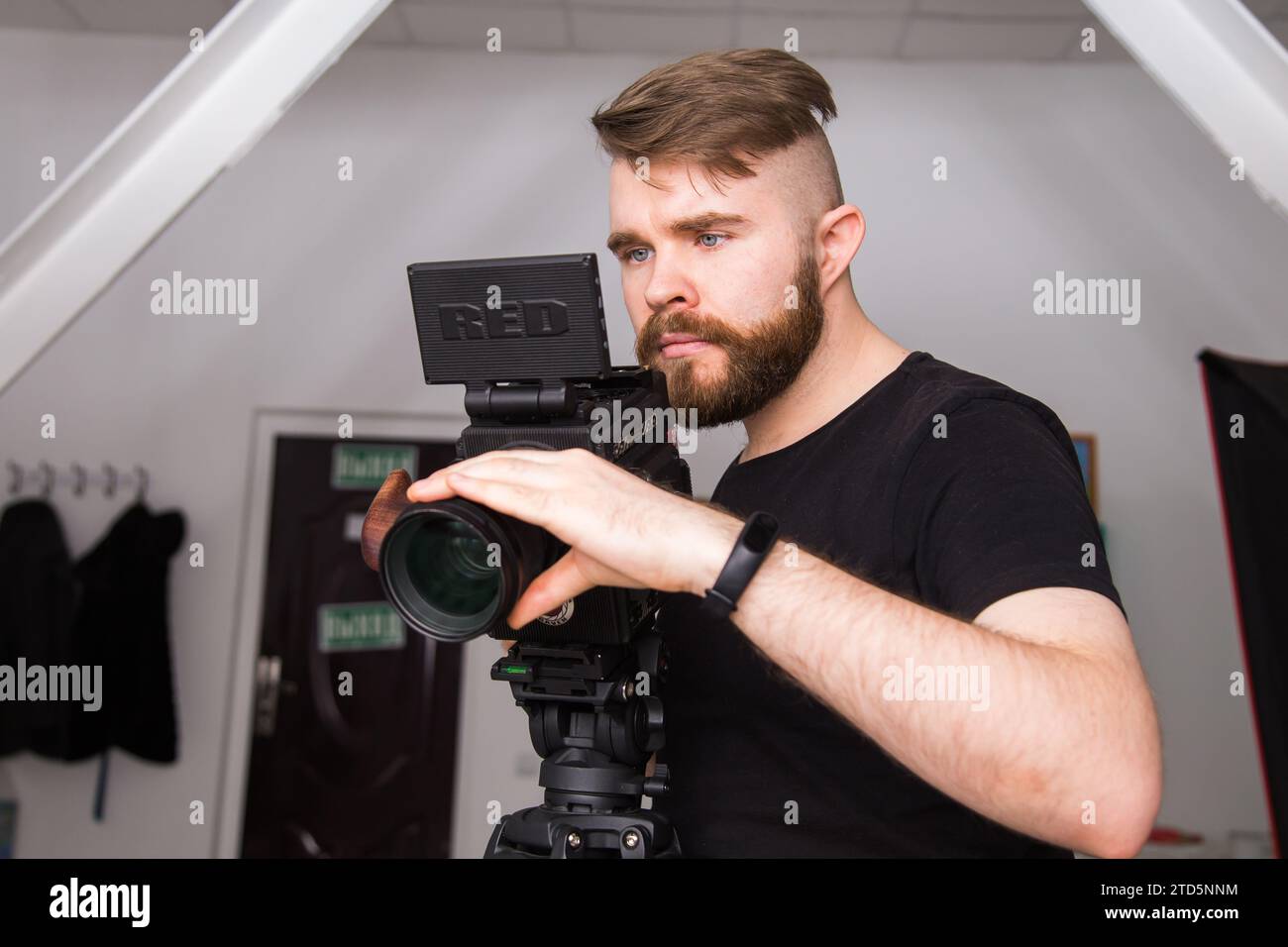 UFA, RUSSIA - 29 FEBRUARY 2020: cameraman works with Red digital cinema cameras. RED is the leading manufacturer of professional digital cinema Stock Photo