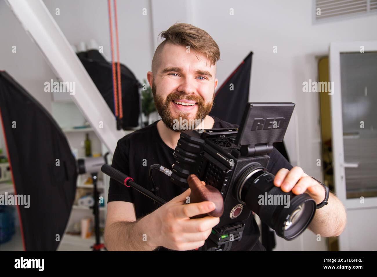 UFA, RUSSIA - 29 FEBRUARY 2020: cameraman works with Red digital cinema cameras. RED is the leading manufacturer of professional digital cinema Stock Photo