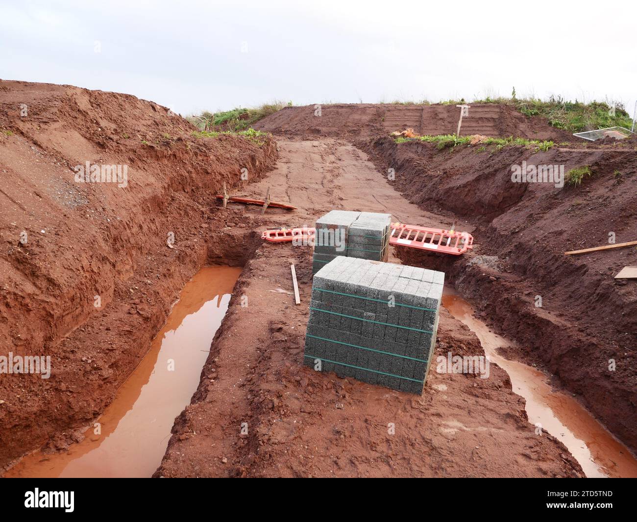 Construction site with detail of groundwork foundations preparation. Stock Photo