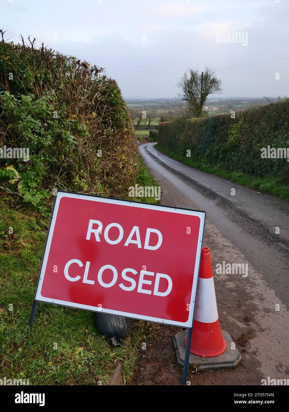 Road closed sign and bollard beside a narrow country lane. Stock Photo