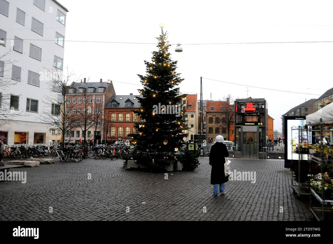 Copenhagen, Denmark /16 December 2023/. Christmas tree placed at christianshavn torv in danish capital Copenahgen(Photo.Francis Joseph Dean/Dean Pictures) Stock Photo