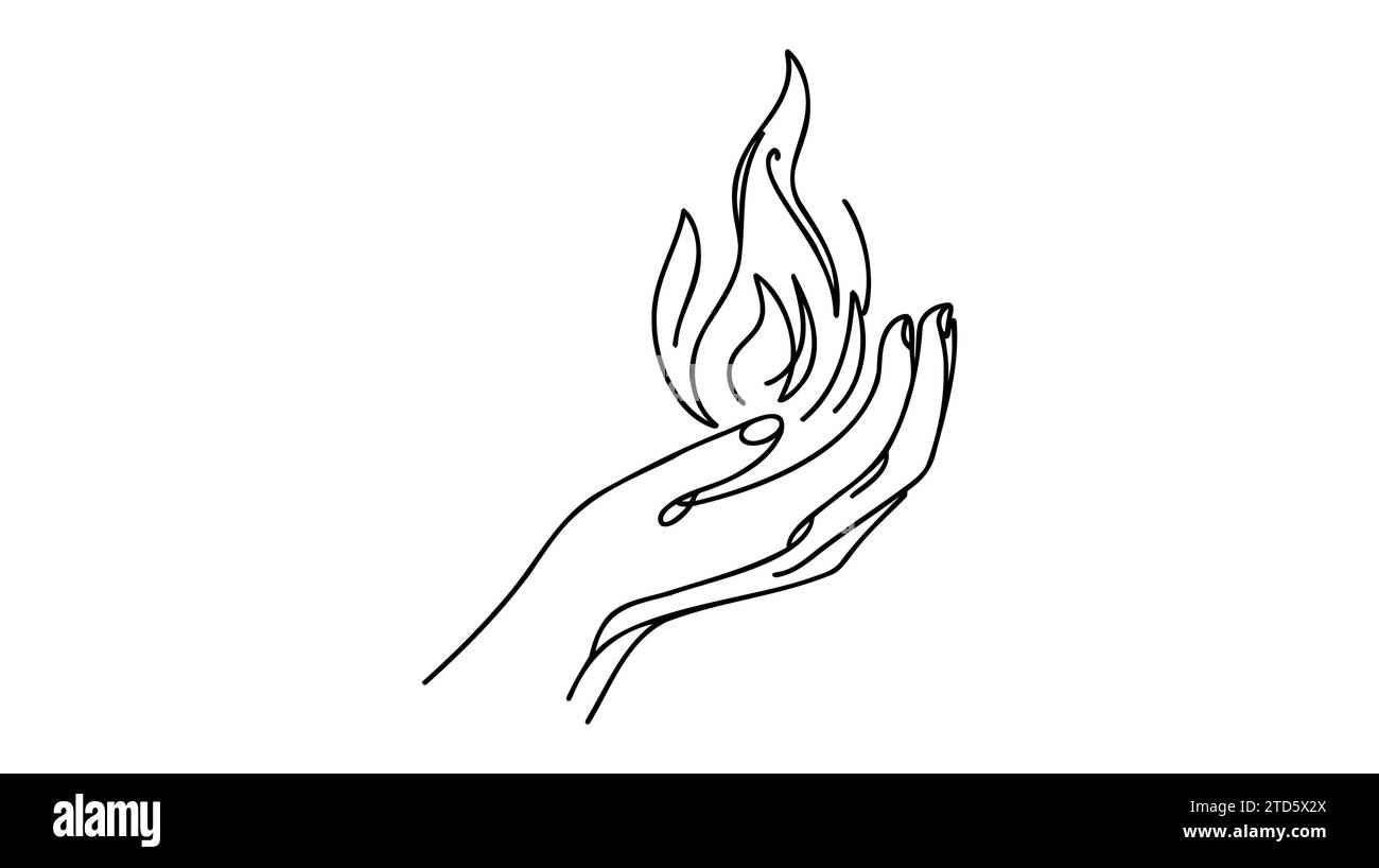 Human hands holding a flame, fire. Continuous one line drawing on white background. Stock Vector