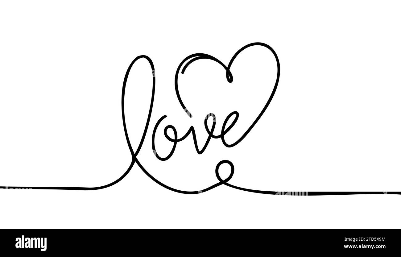 Continuous line drawing of heart and word LOVE, Black and white vector ...