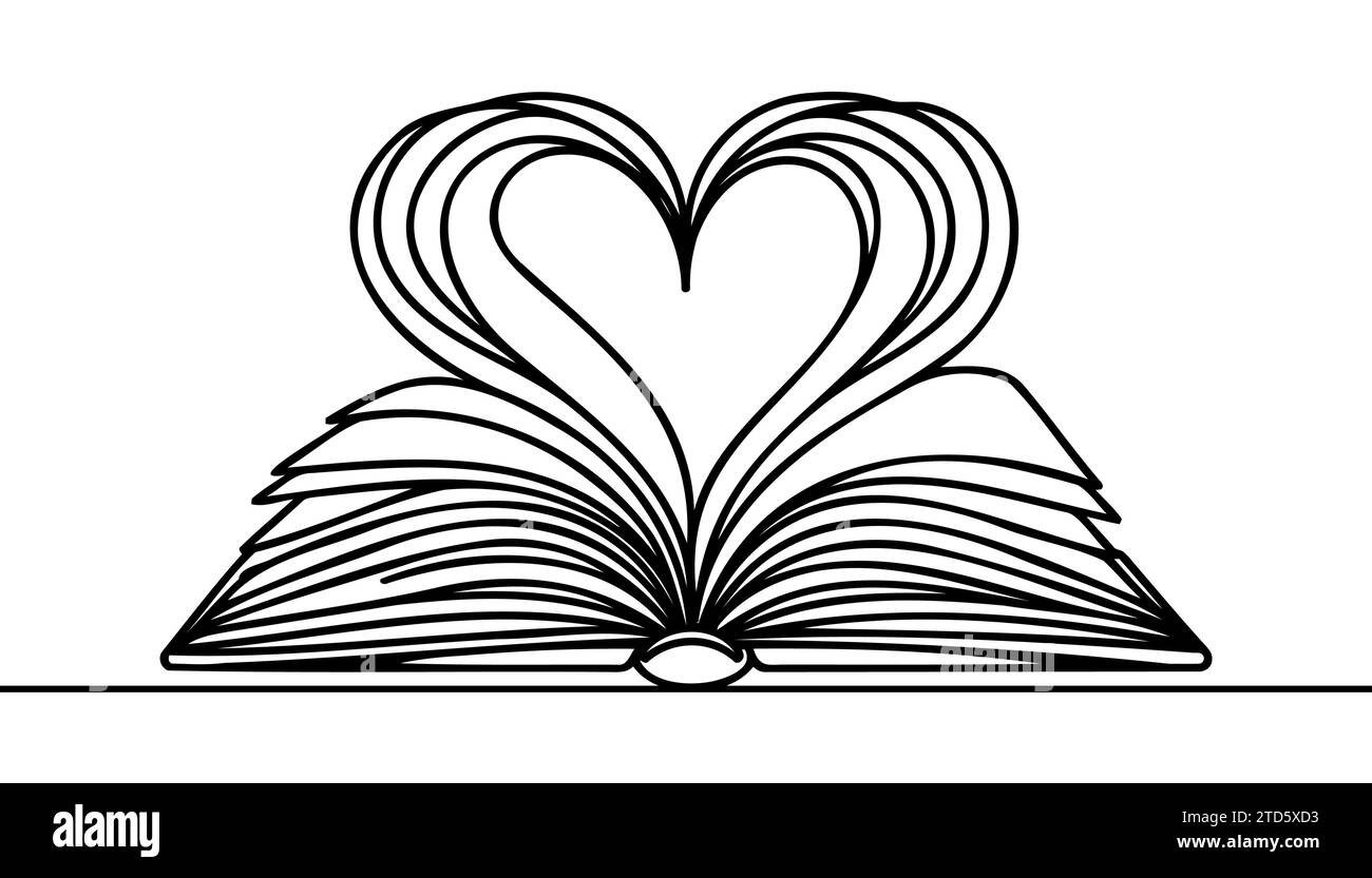 Open book and heart, continuous line vector illustration. one line