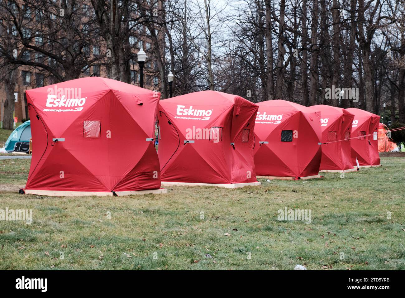 Eskimo tents, usually used for ice fishing, installed by volunteers as  residence for homeless in Victoria Park, Halifax Stock Photo - Alamy