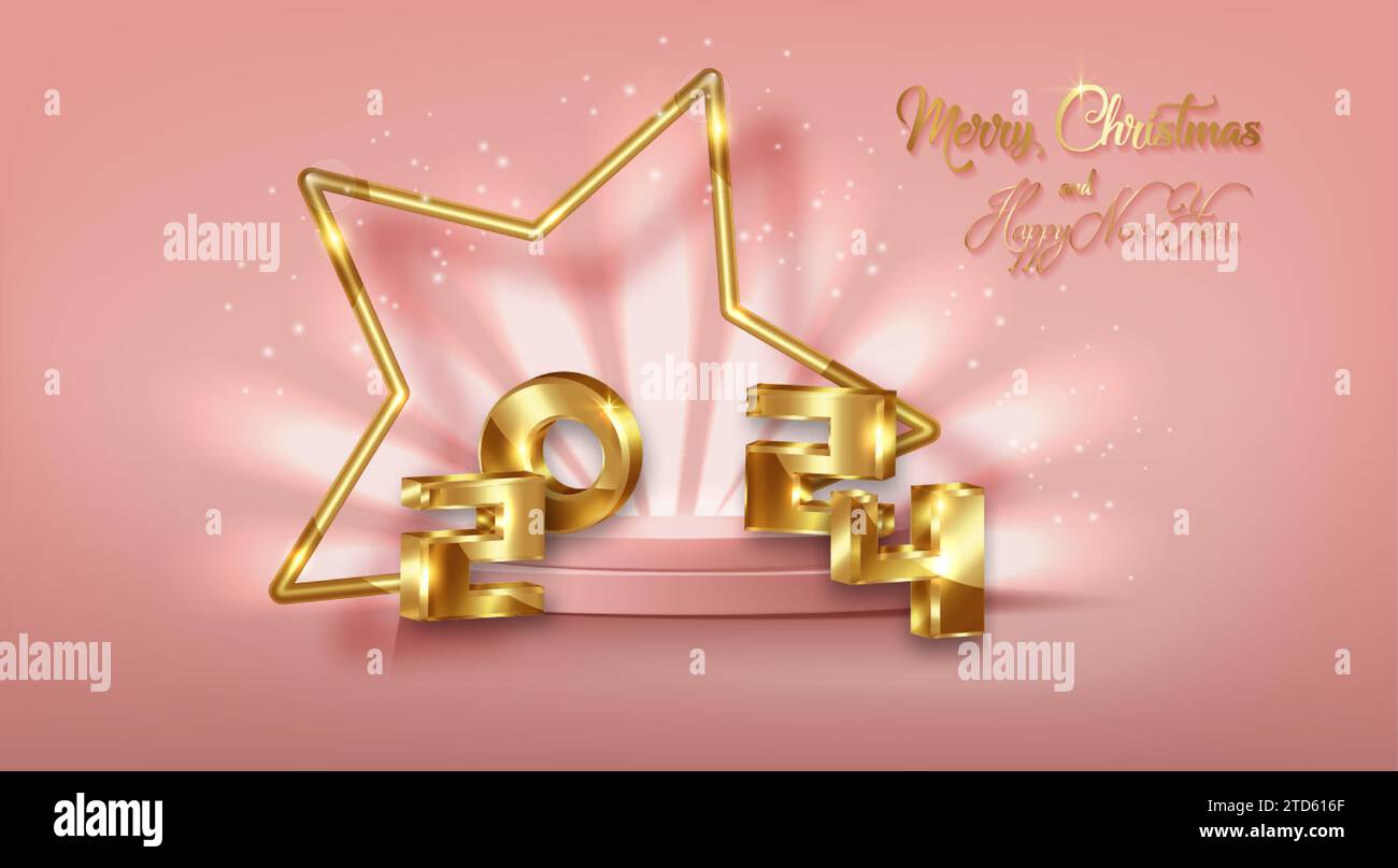 2024 golden 3D numbers Merry Christmas and Happy New Year banner with ...