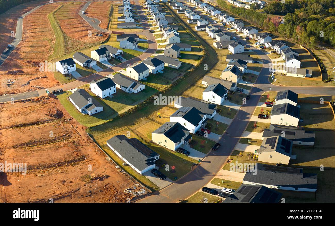 Aerial view of construction site with new tightly packed homes in South ...
