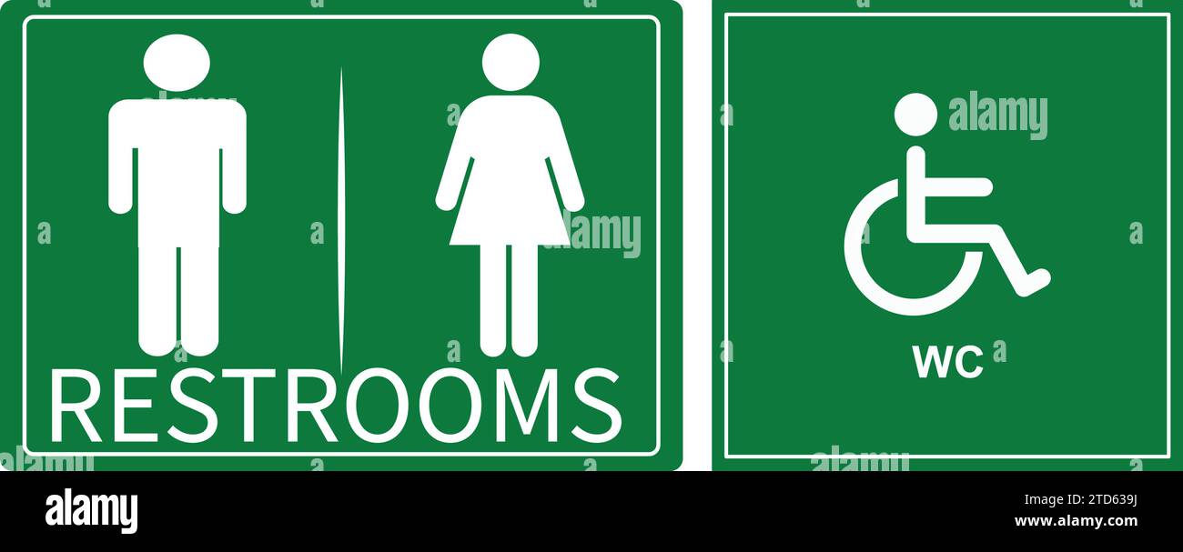 Washroom Sign | Restrooms identification Green Board| Toilet sign, wheel chair sign| WC sign icon Stock Vector